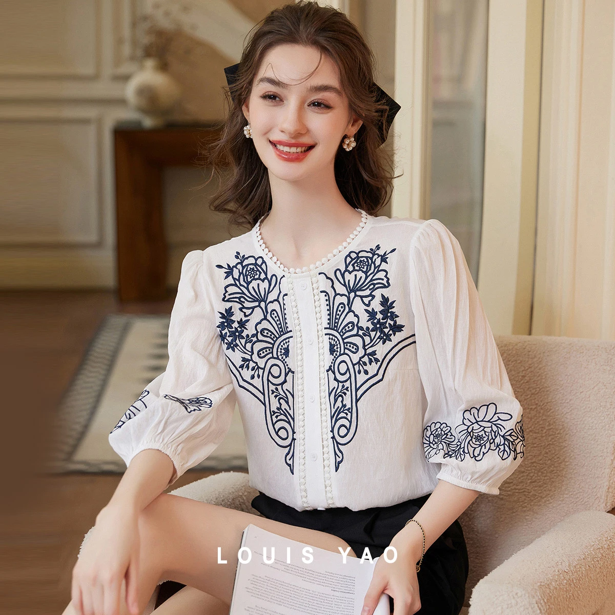 LOUIS YAO French Relaxed Vibe Women Blouse 2026 Spring Summer Blue& White Porcelain Embroidery Loose 3/4 Sleeve Shirt For Women