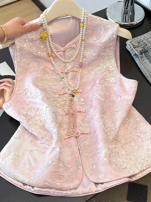 

Розовый жилет с вышивкой и пуговицами, круглый вырез, верхняя одежда в китайском стиле, с цветочным узором, премиум-класс, новинка 2026 года