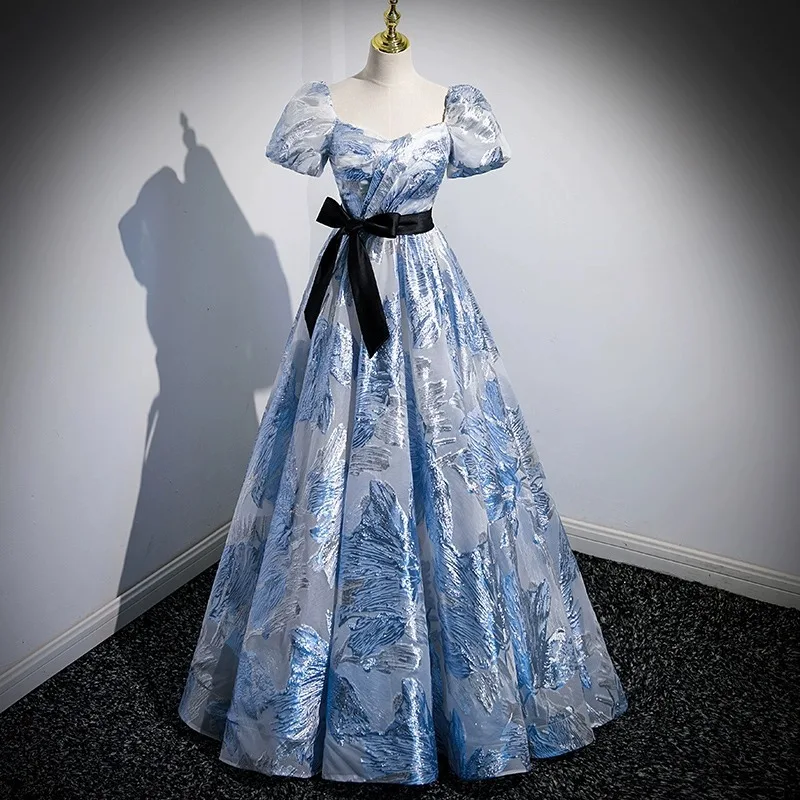 

Women's Blue Printing Long Evening Dress With Black Belt Female Grand Concert Host Banquet Vocal Art Exam Solo Flowers Dresses