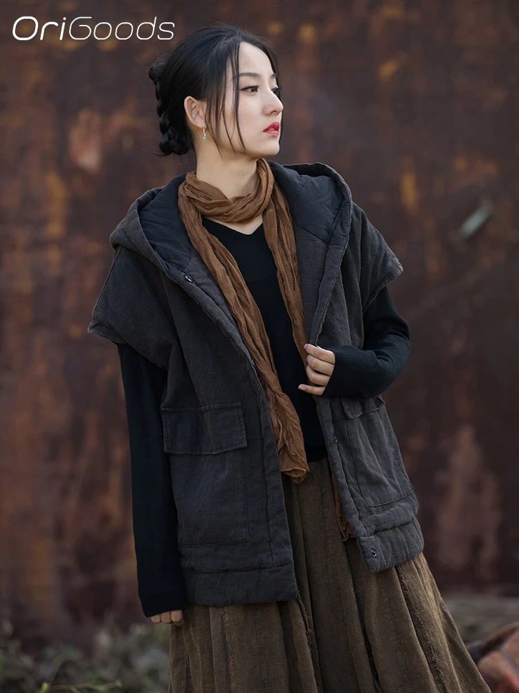 OriGoods Women Winter Vest Sleeveless Padded Coat Thick Warm Loose Chinese style Vintage Mori girl Hooded Vest Tops B201