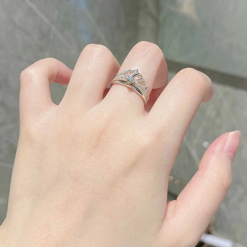 Cincin mahkota perak Sterling 925 wanita, aksesori cincin ganda dapat dilepas, hadiah pesta ulang tahun modis