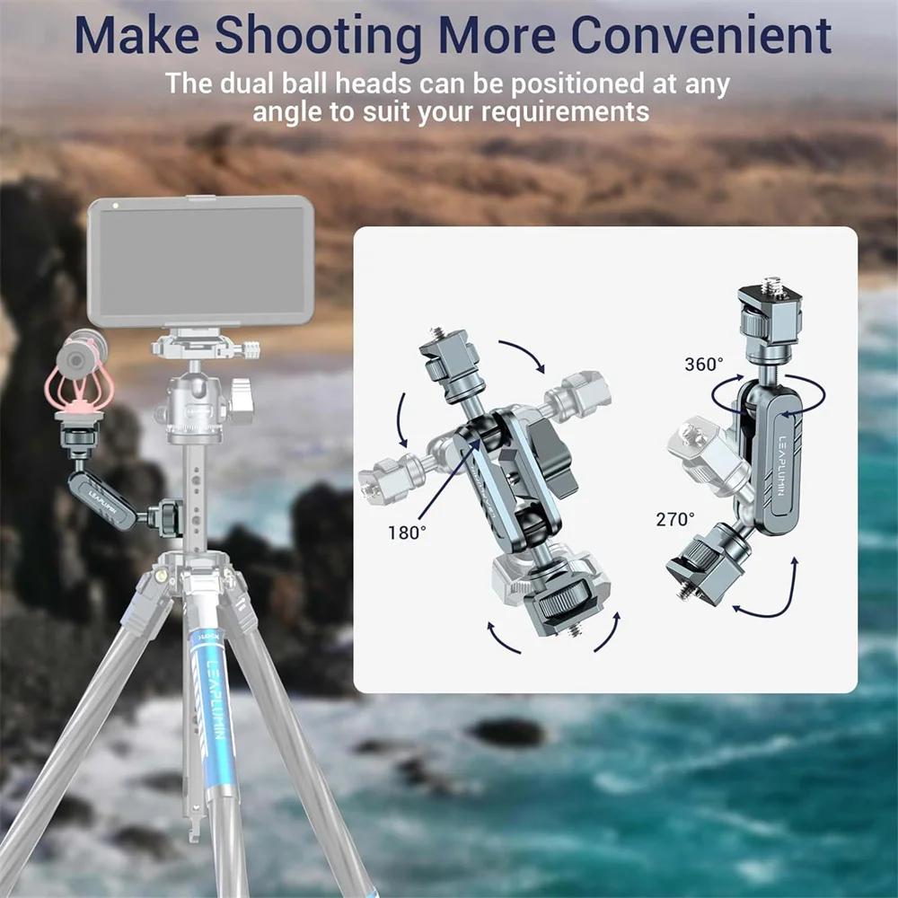 拡張マウント付きダブルボールマジックアーム,カメラ,ビデオ,マイク,ライト三脚,360, 1/4インチネジ,アップグレード用