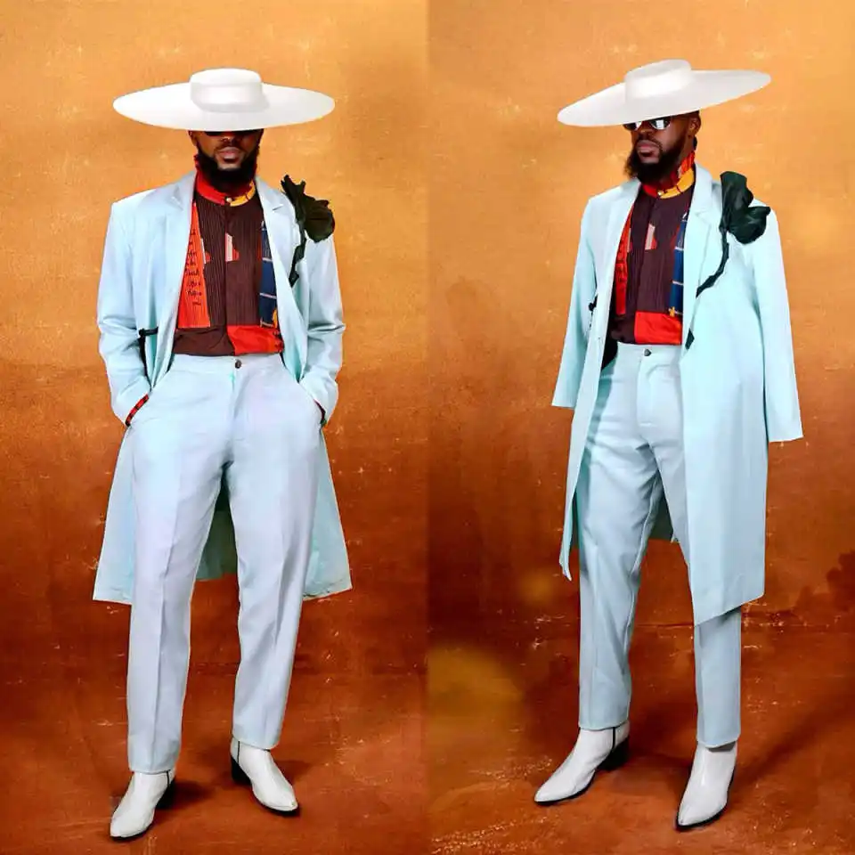 

Minimalist Men Suits 2 Pieces Long Jacket Pants Notched Lapel Handmade Flowers Wedding Tuxedo Special Occasions Customized