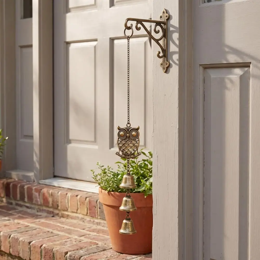 Vintage Owl Sculpture Bells Vintage Metal Owl Wind Chime with 3 Bells Hollow Hanging Ornament Retro Garden Patio for Indoor