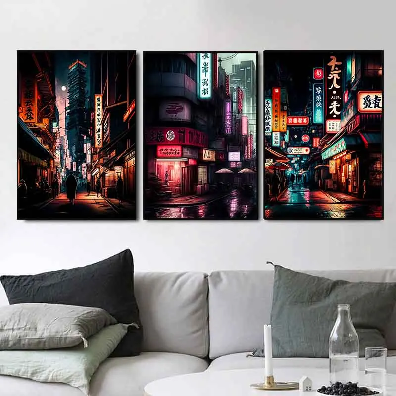 80s Pop Neon Vaporwave Japan Tokyo City Night Street Poster Aesthetics Natural Scenery Tree Canvas Printing Wall Art Room Decor