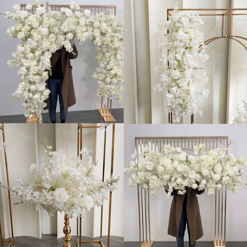 Dreieckiges Blumenarrangement Künstliche Blumen Weiße Rose Delphinium Hochzeitsdekoration Hängende Blumenreihe Tischdekoration Blumen – Detail 1