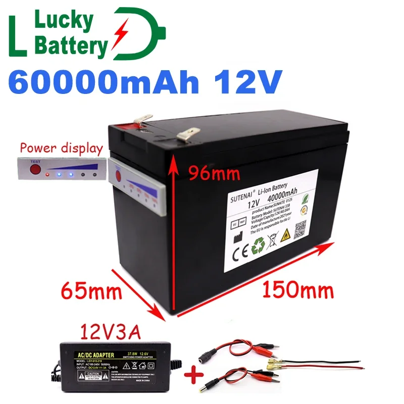 Lucky 12V New Power Display Battery 60a 18650 Lithium Battery Pack for Solar Energy and Electric Vehicle Battery with Charger