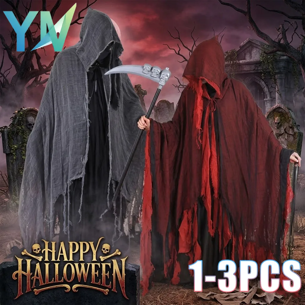 1-3PCS Halloween Ripped Poncho Cloak for Adults  Zombie Costume Skeleton Cape Props Ghost Reaper Scary Fancy Dress Outfit