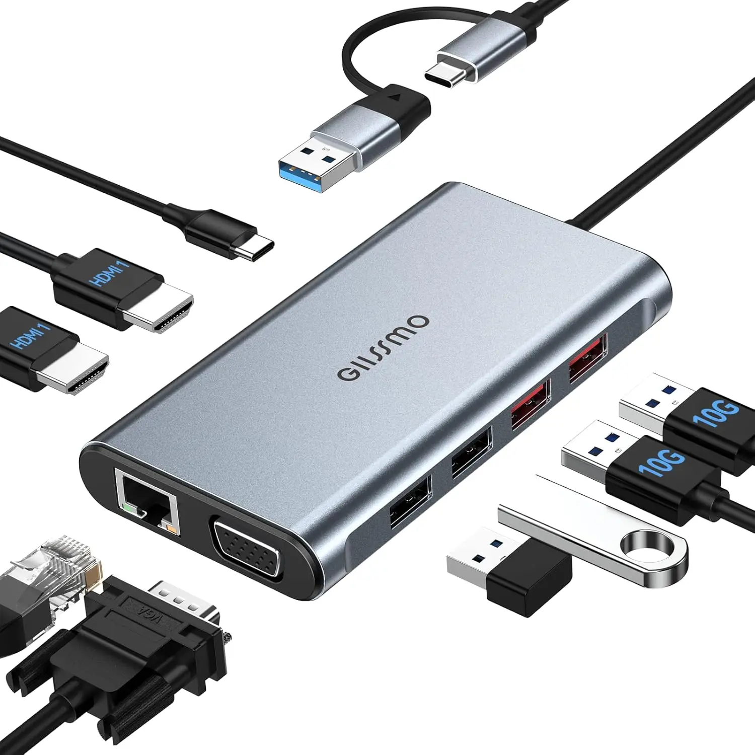 

Многофункциональная док-станция USB-C 9-в-1 с двумя портами HDMI и VGA для подключения трех мониторов, передача данных 10 Гбит/с, Gigabit Ethernet
