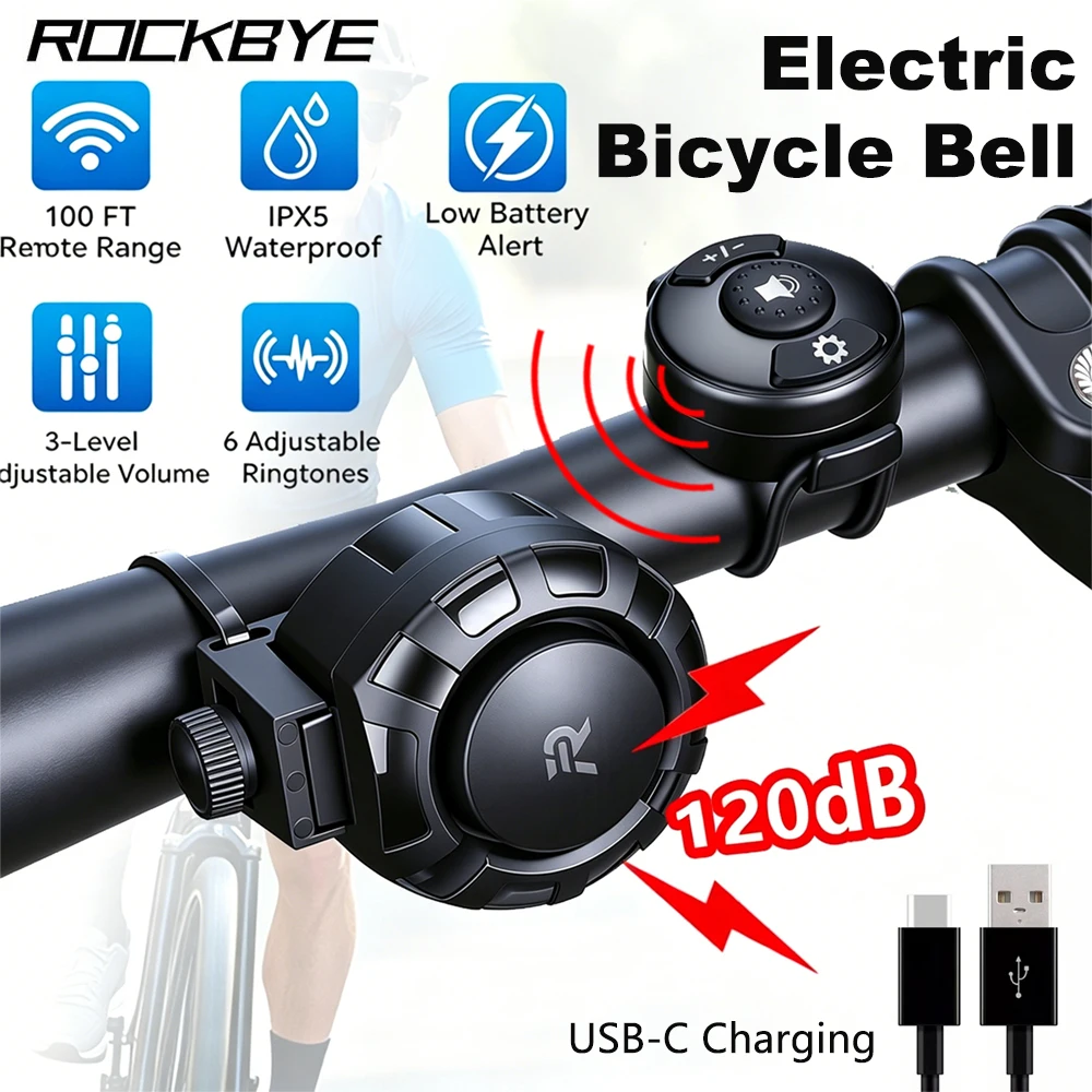 Campainha Elétrica para Bicicleta Rockbye 120dB com Carregamento USB, Buzina para MTB, Scooter e Bicicleta de Estrada, 6 Modos de Alarme com Controle Remoto