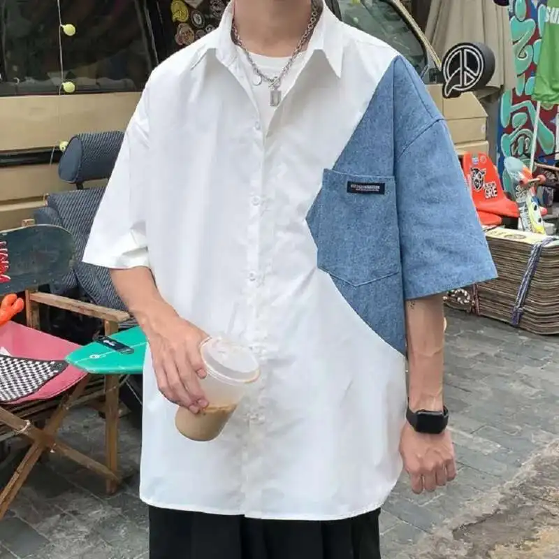 2025 Summer Streetwear Men Short Sleeve Irregular Patchwork Denim Shirt Male Tops Daily Casual Pocket Blouses Unisex Clothes