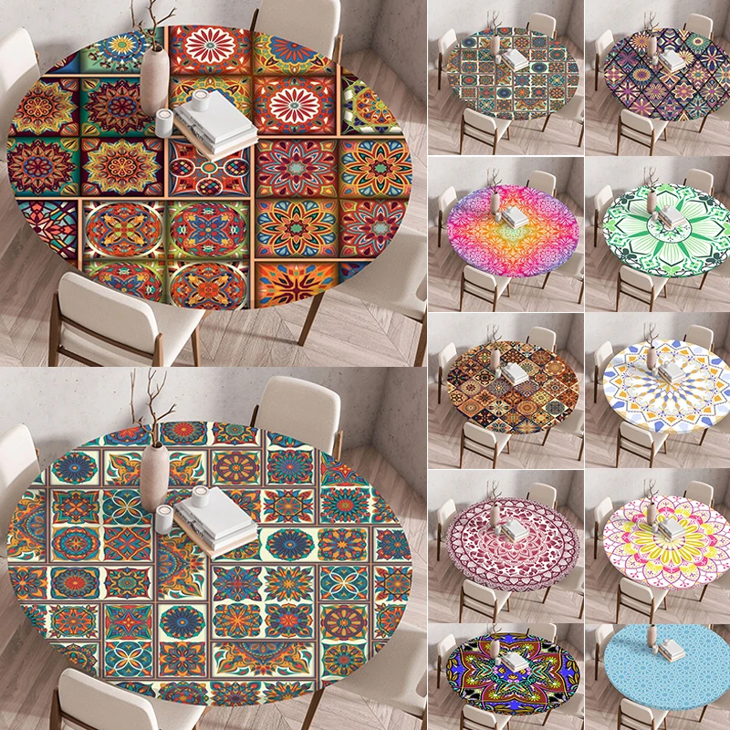 

Mandala Elastic Table Cover, Waterproof and Washable Tablecloth,Round Table Cushion Party Wedding Table Cloth Home Decor 원형 식탁보