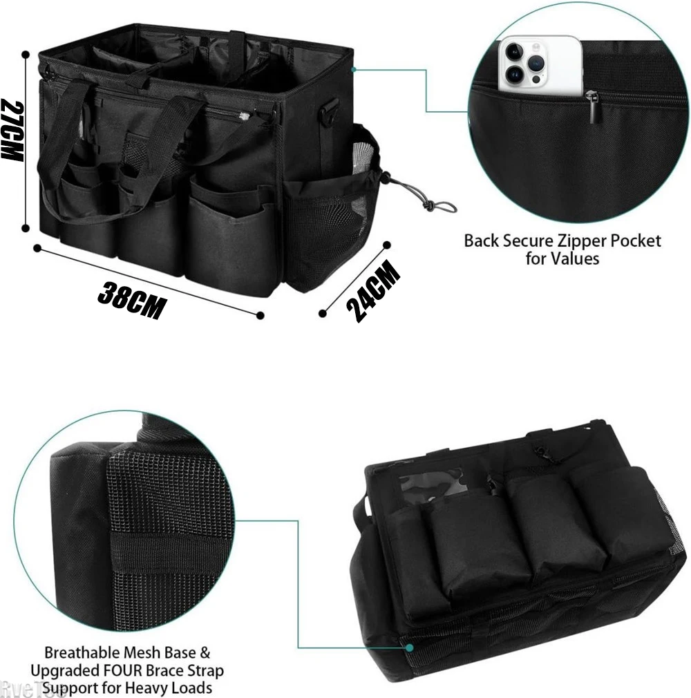 Cleaning Supply Storage Organizer - Multi-Compartment Detailing Bag with Adjustable Shoulder Strap for Home & Auto
