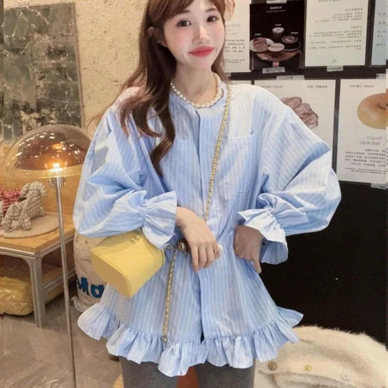 

Femme Spring Summer Korean Fashion Printing Solid Color O-neck Women's Shirt Fashionable Young Style Striped Long Sleeve Top Tee