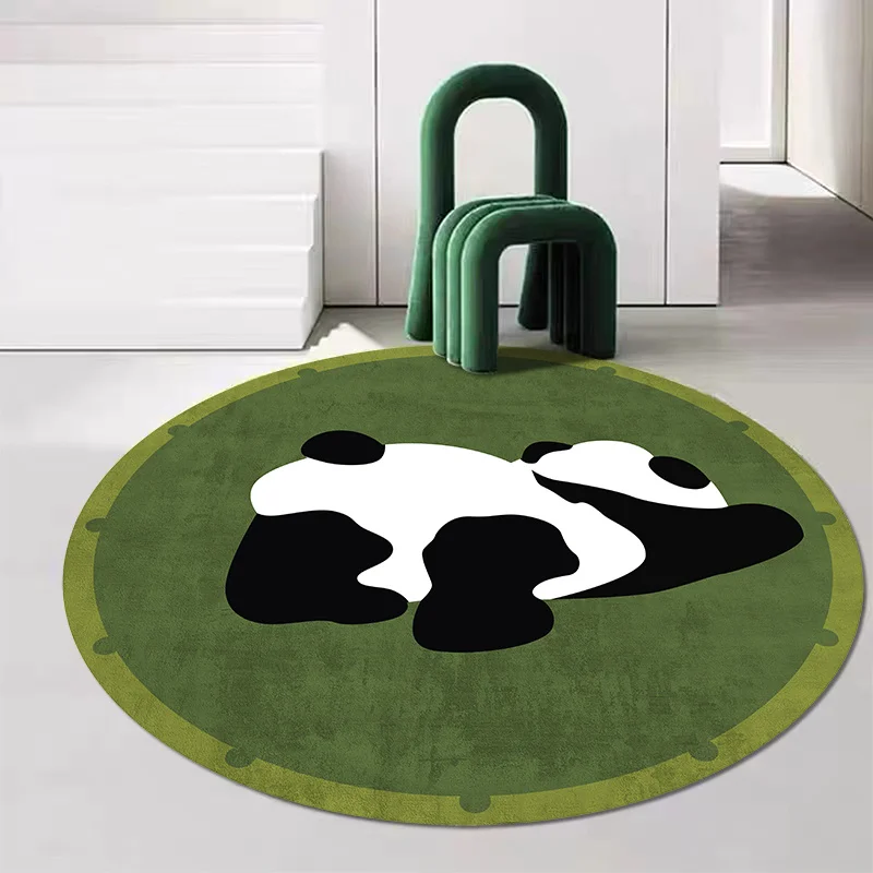 Minimalist Cartoon Panda Round Rug  Lying Panda Green Background Circular Mat Fashion Decor Floor Mat for Indoor Entryway Decor