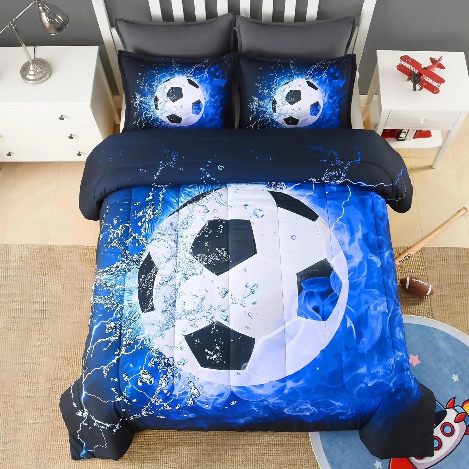 3D Soccer Bedding set 3 Pieces(1 Soccer duvet cover, 2 Pillowcases) Sport Microfiber Bedding Set for Boys Kids Teens