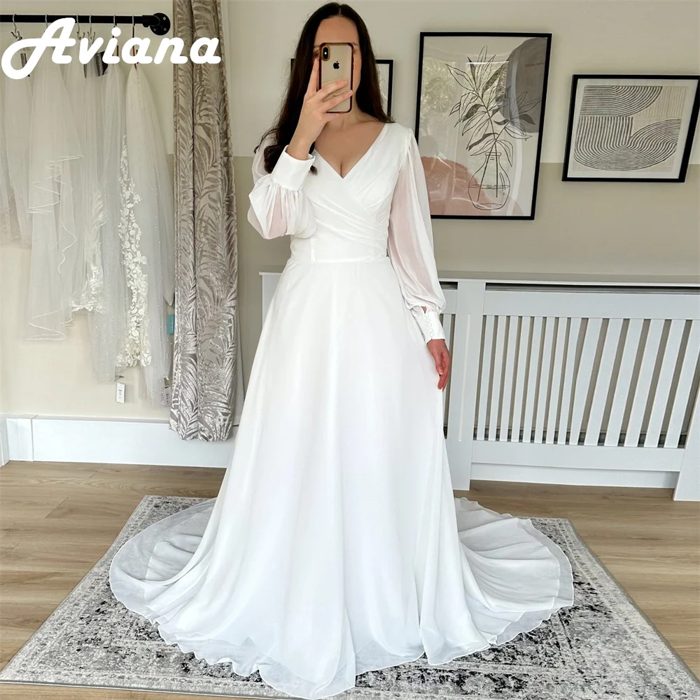 

Aviana Simple Chiffon Long Puff Sleeves Boho Wedding Dresses V Neck Sweep Train A Line Brides Gown Ruched Bohemian