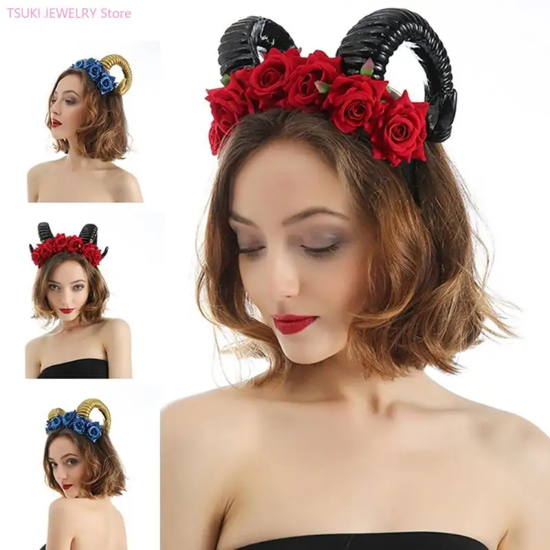 62KE Girls Sheep Horn leadwear Rose Flower Horn Halloween Cosplay Assplay