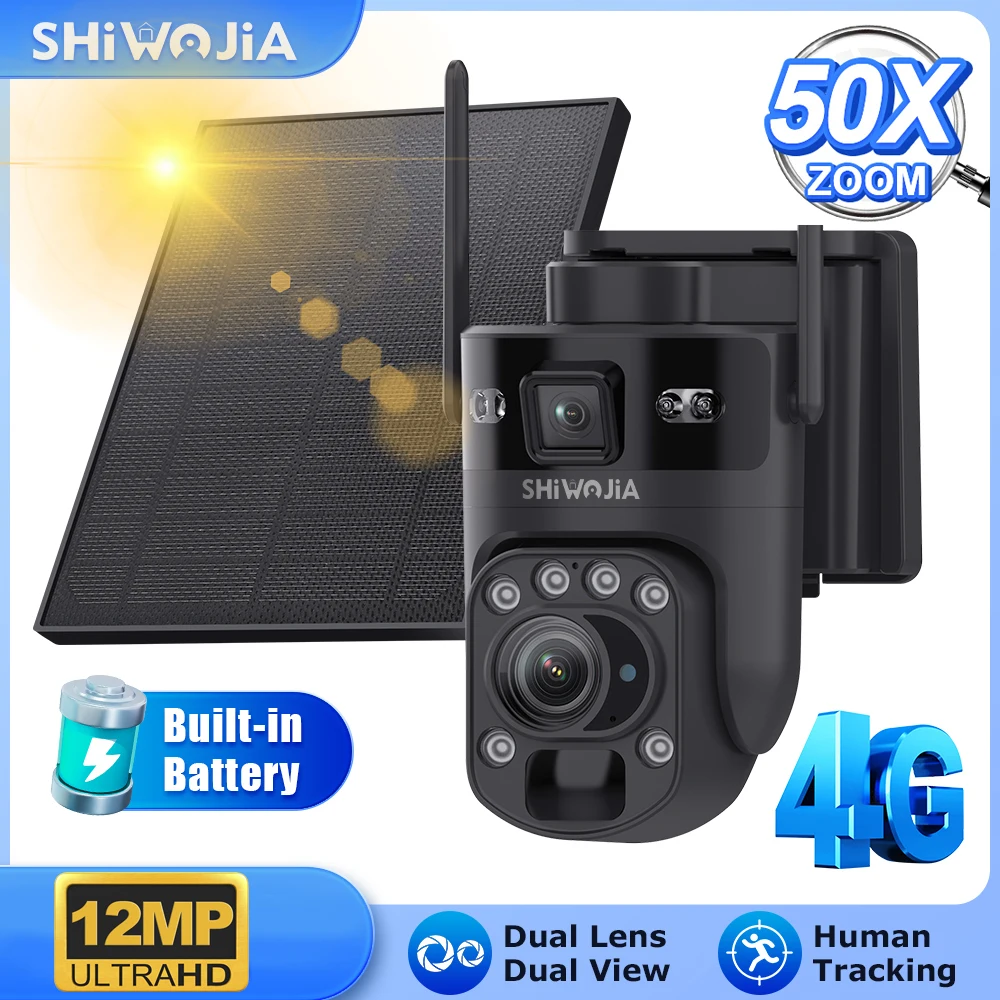 

SHIWOJIA 50X Optical ZOOM 4G SIM WIFI Solar Camera 6K 12MP Dual Screen Security IP Camera Night Vision PIR Outdoor Waterproof