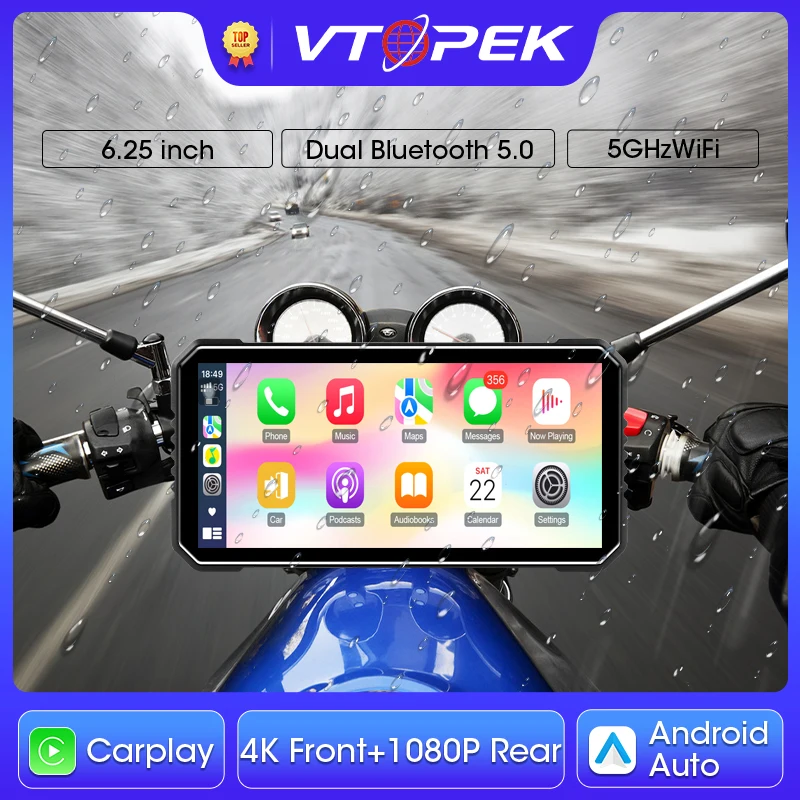 

6.25 inch Waterproof Motorcycle Carplay Screen Navigation 4K+1080P DVR Wireless CarPlay Android Auto Drive Recorder Moto Monitor