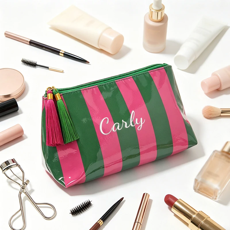 Customised Embroidery Striped Pvc Waterproof Clutch Bag Delicate Tassel Zipper Makeup Bag Back To School Gift Storage Bags