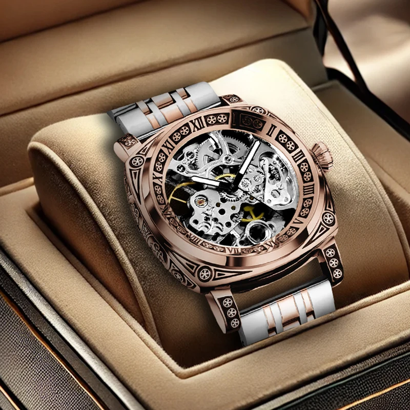

A men's business-casual skeleton mechanical watch with a hollowed-out five-pointed star and rose gold stainless steel band