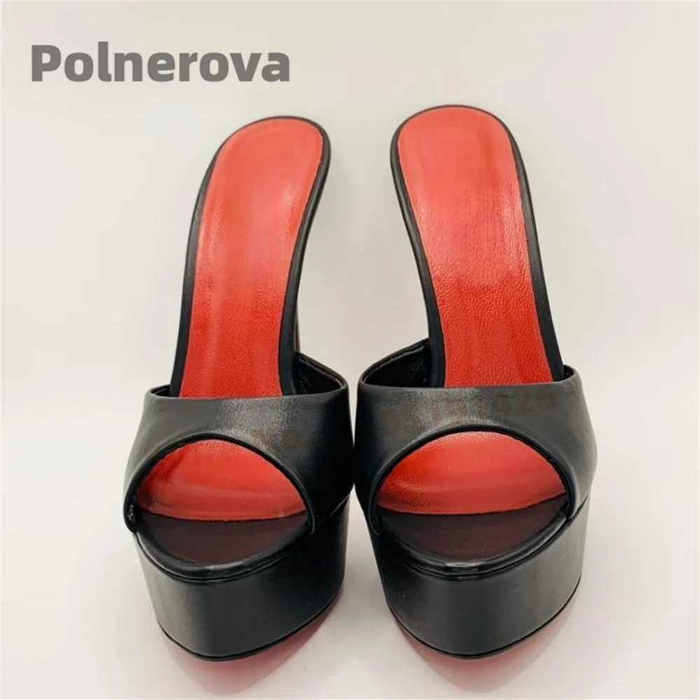 Black Leather Platform Modern Slippers for Women Open Toe Stiletto Heel  Mules Pull On Sandals Summer Elegant Party Shoes