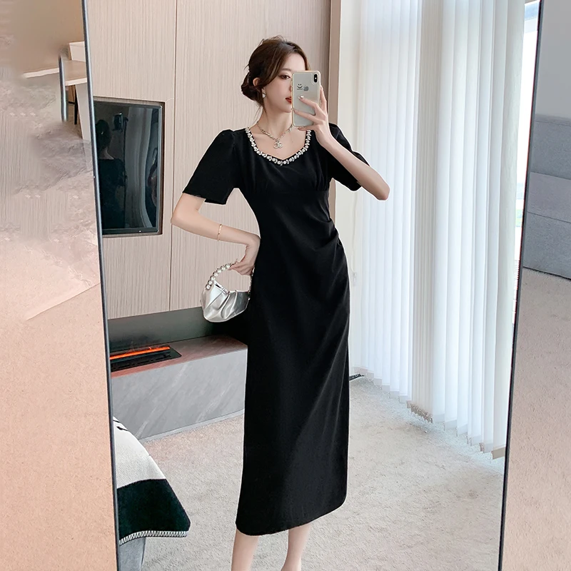 

Vintage Black Casual Midi Dresses for Women 2024 Summer New Elegant Chic Short Sleeves Split Fold Bodycon Korean Female Clothing