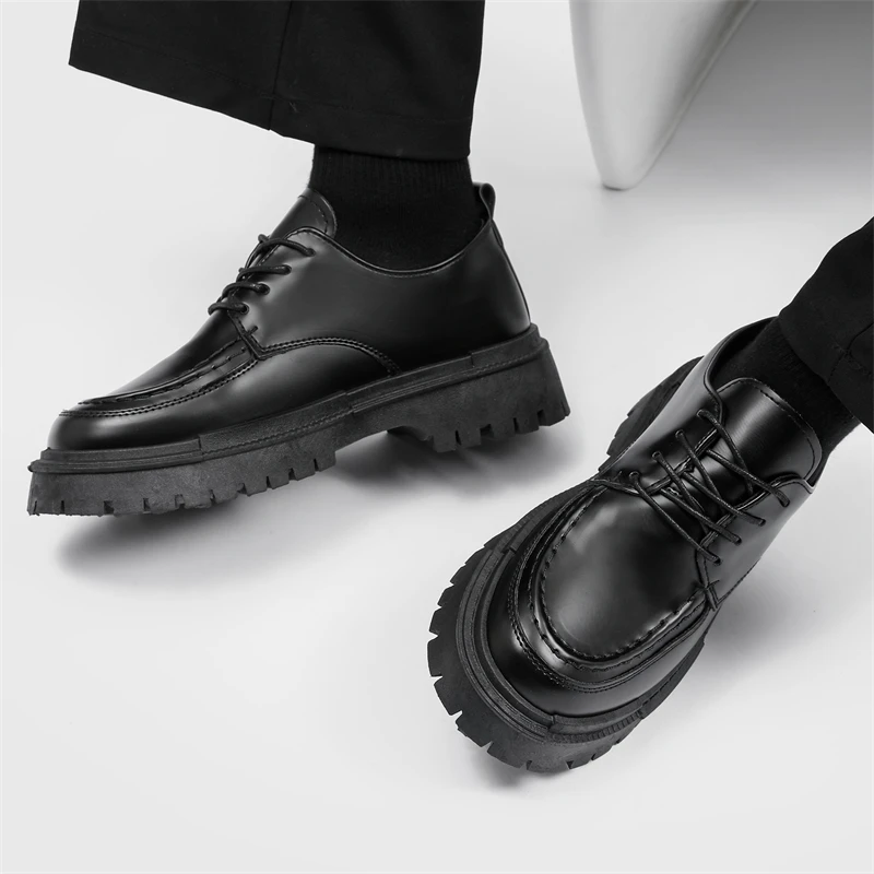 STRONGSHEN Men Handmade Leather Shoes Casual Round Toe Slip-On Men Platform Business Work Dress Shoes Fashion Italiano Zapatos