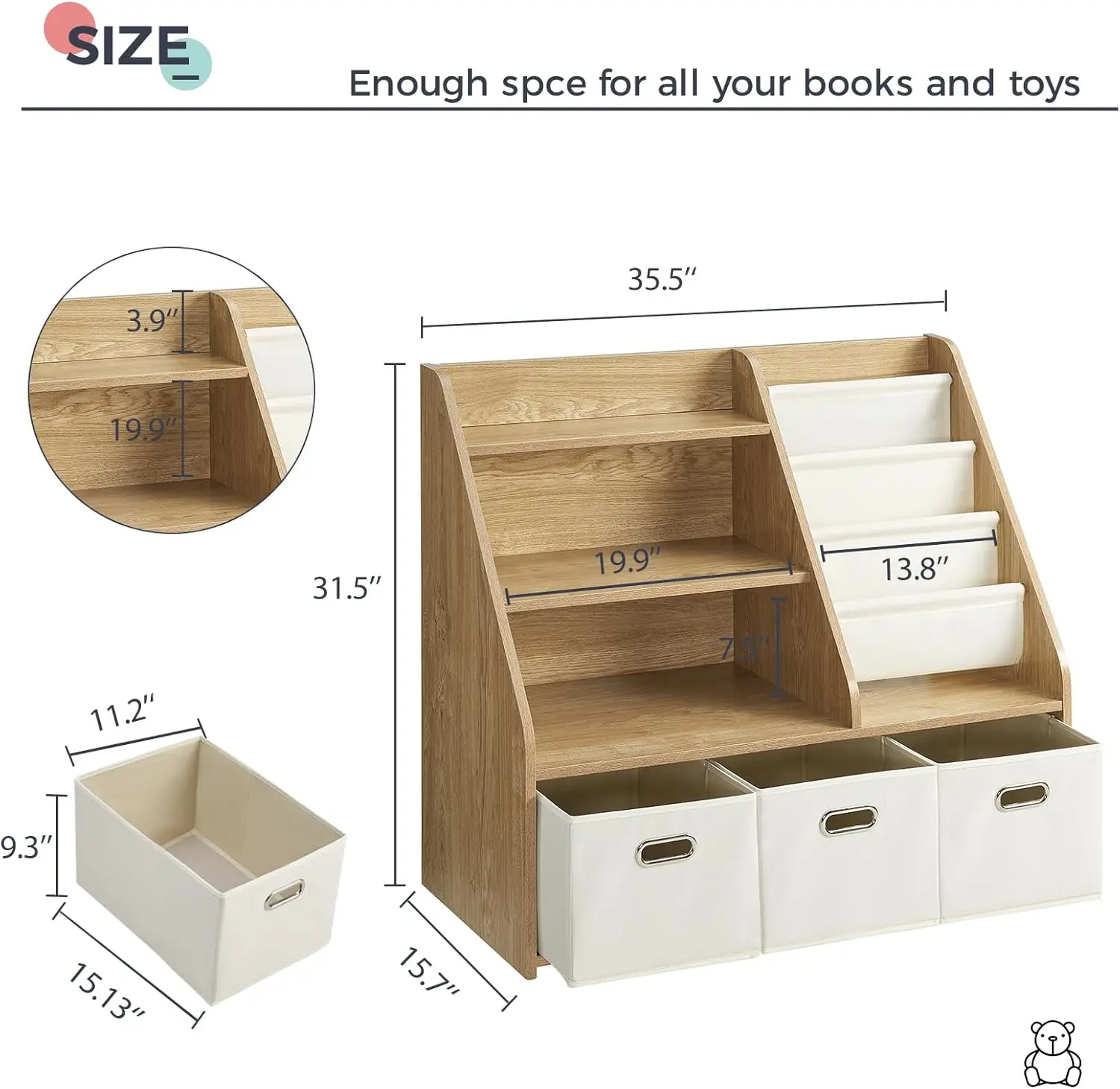 Kids Bookshelf, Kids Toy Storage Organizer with Storage Bins, Wooden Bookshelf and Book Display Shelf for Bedroom, Playr