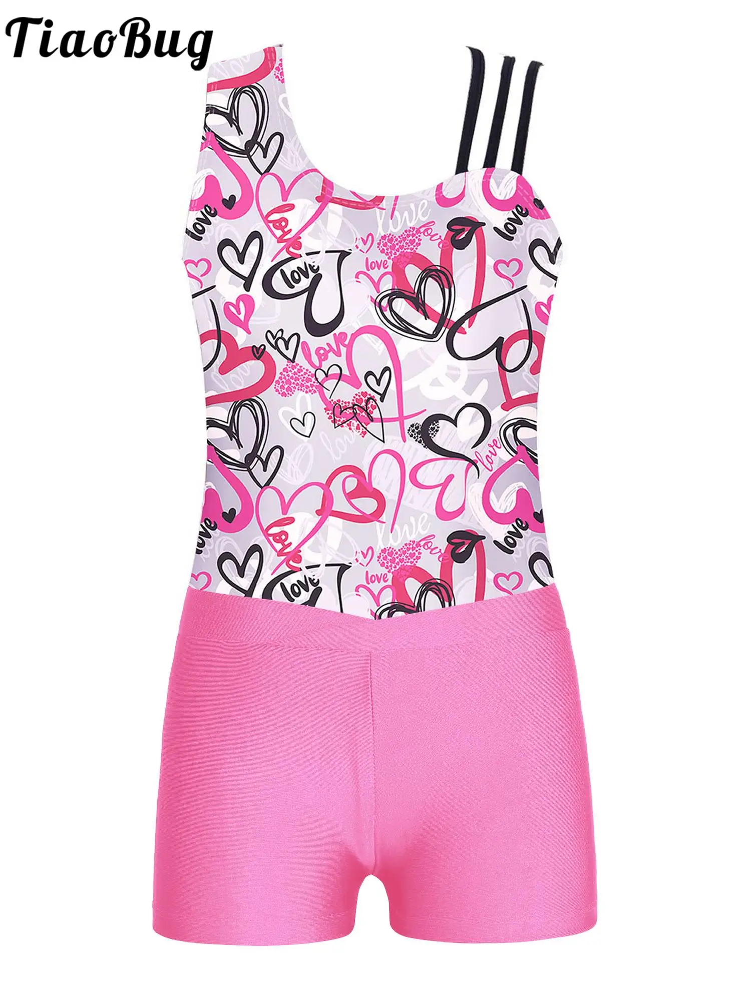 Kid Girls Stylish Asymmetric Shoulder Straps Printed Leotard with V-front Waistband Shorts for Gymnastic Dance Performance