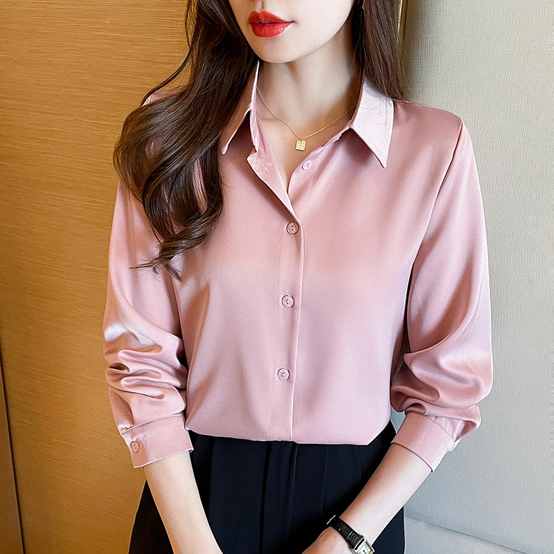 #3253 Lente Satijn Shirts Vrouwen Effen Kleur Elegant Chiffon Lange Mouw Shirt Dames Slank Frankrijk Stijl Dunne Regular Fit Blouse