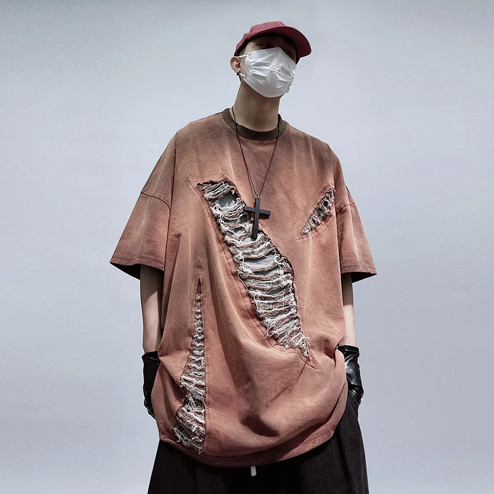 Hip Hop Oversize Washed T-Shirt Vintage Streetwear Harajuku Hole Ripped Patch T Shirt Men Summer Short Sleeve Tshirt Cotton Tops