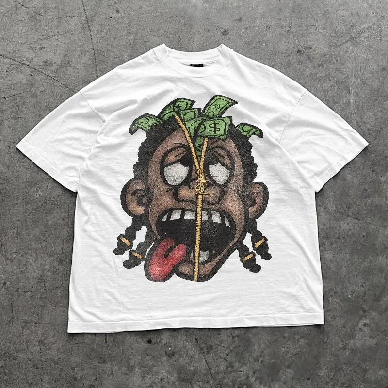 

Zipper Head Money Cartoon Oversized Trap Streetwear Tee Cropped Grunge Rap Graphic Alt Skater Fashion Urban Hip Hop Shirt