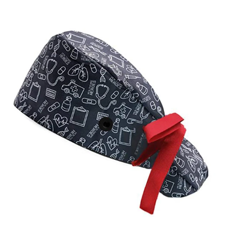 

New Surgical Cap with Bow Print Long Hair Adjustable Ponytail Holder Dustproof Nurse Scrub Cap for Women Men Hospital Working