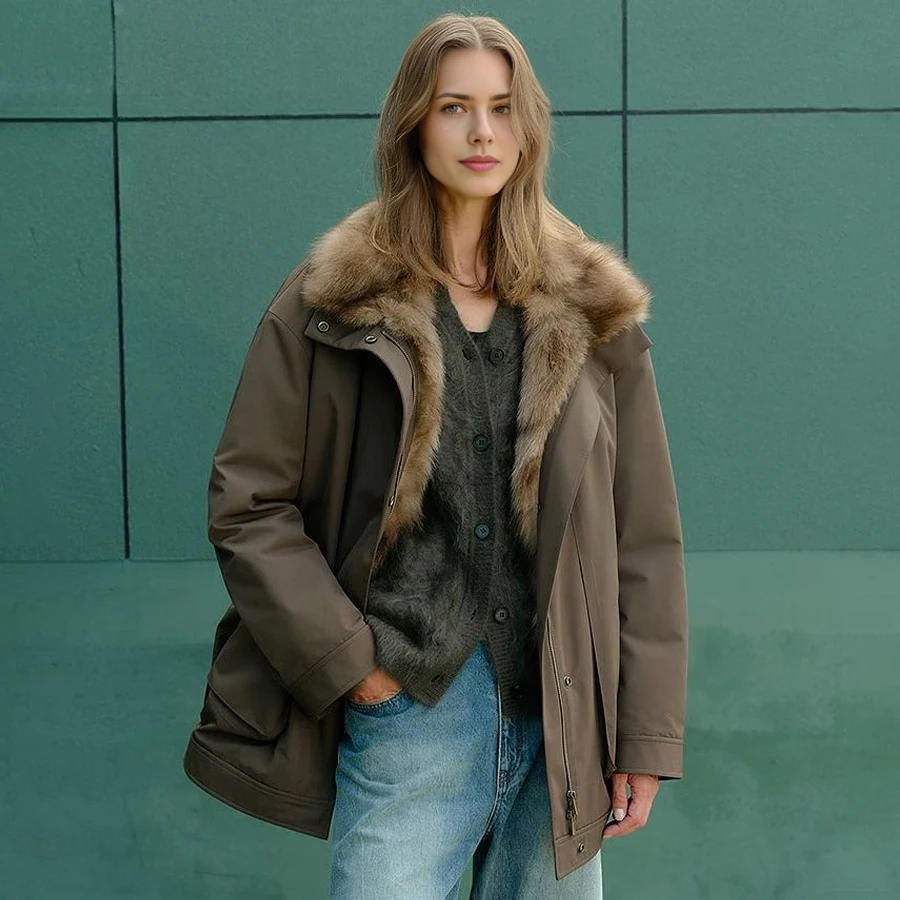 Schwarze Daunenjacken r Echtfuchspelz Jacke Gürtel Lose Puffer Parka Heißer Verkauf Damen Winterjacke