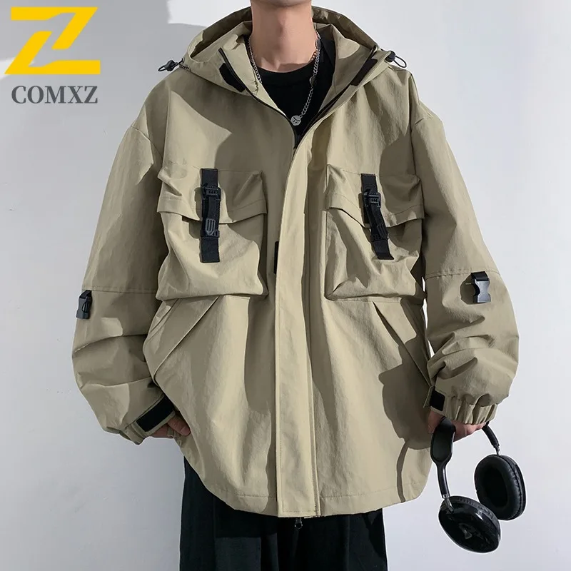 

COMXZ Mens Jacket P2025 remium Hooded American Style Motorcycle Coat Outdoor Camping Waterproof Spring Autumn Windbreaker