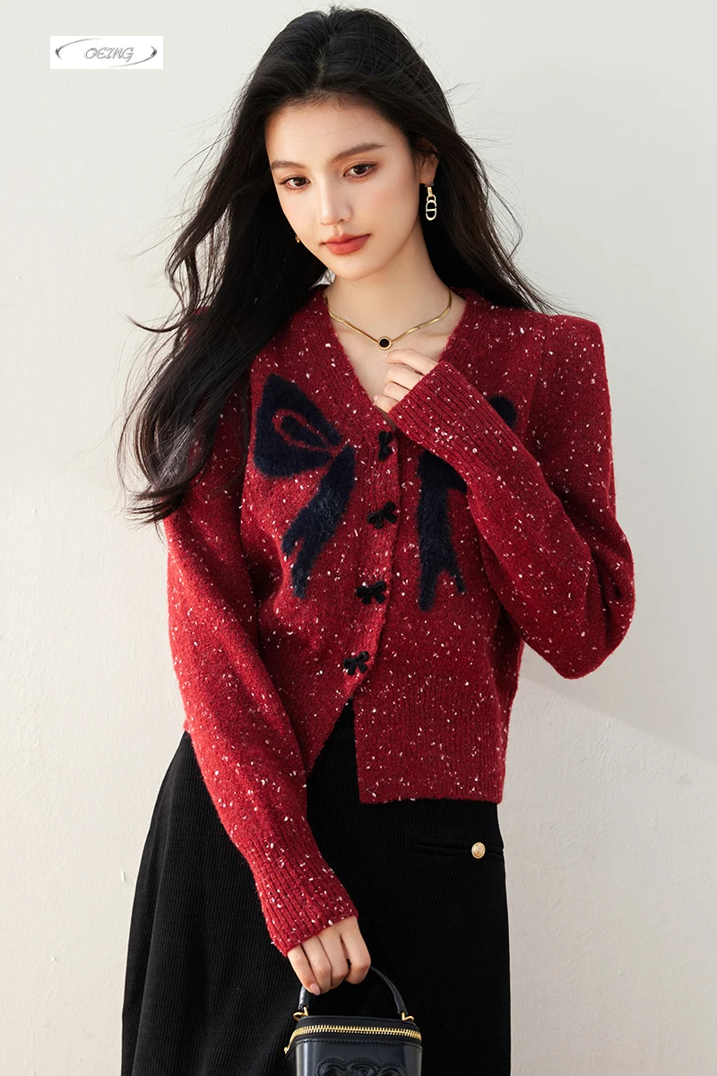 

Women V-neck Single Breasted Bow Red Cardigan Knitted Sweater Autumn Winter Korean Style Fashion Elegant Slim Warm Knitwear 3538
