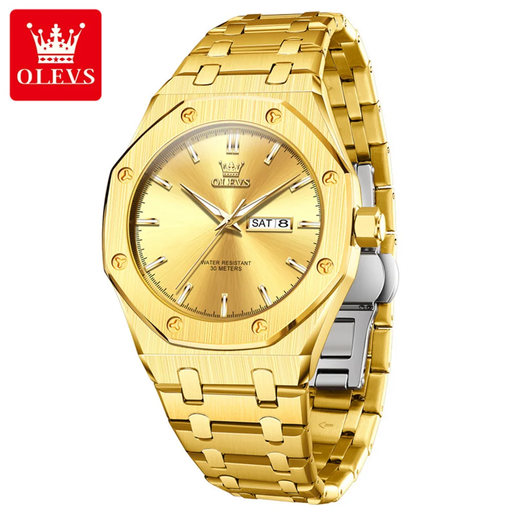 

OLEVS 3726 Quartz Watches For Man Stainless Steel Luxury Brand Original Dual Calendar Waterproof Luminous Dress Wristwatch Men