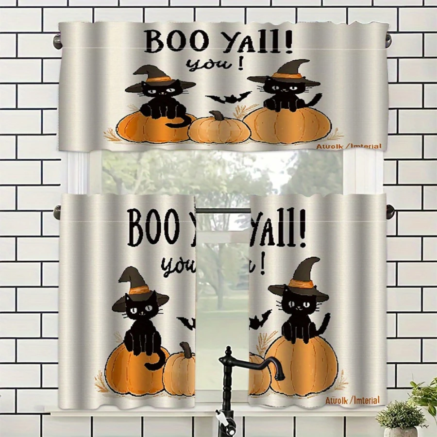  Black Cat Pumpkin Halloween Kitchen Curtains with Witch Hat Boo Yall, Beige Background Modern Cute Spooky Style