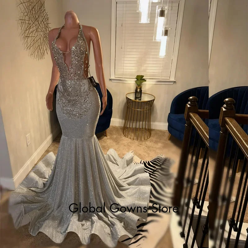 Aangepaste glitter zilveren Afrikaanse zeemeermin galajurk voor zwarte meisjes strass kralen feestjurk vestidos de gala e3p231