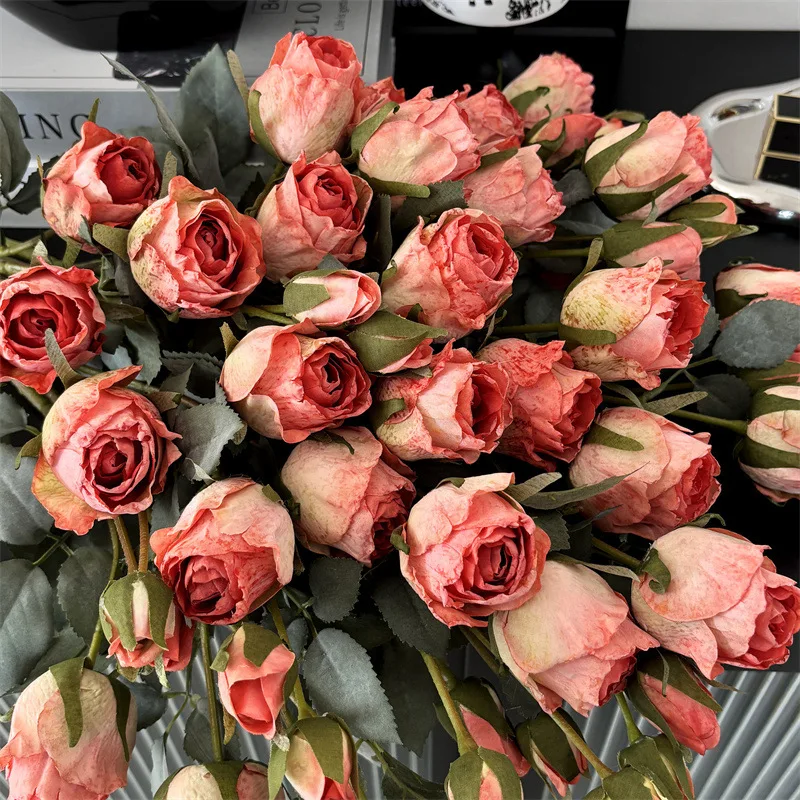 

65CM Retro Burnt Edge 5-head Rose Artificial Flower Wedding Bouquet Home Decoration Flower Arrangement Simulation Dry Flower