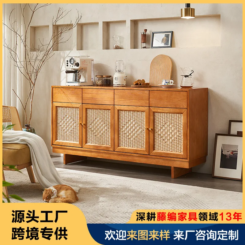 

Nordic Solid Wood Dining Side Cabinet Tea Cabinet Restaurant Meal Preparation Storage Rattan Living Room Entrance Cabinet