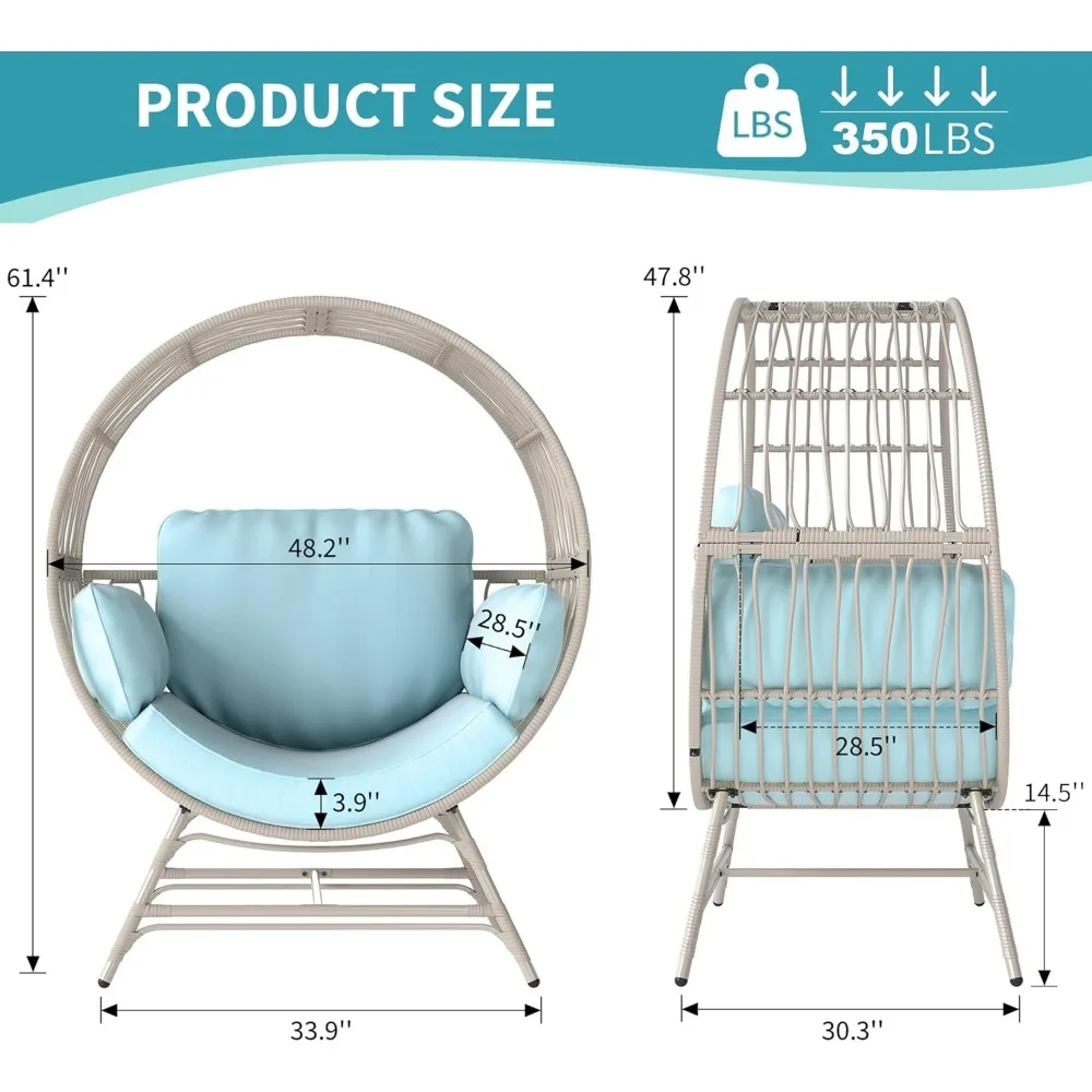 كرسي على شكل بيضة خارجي داخلي، كرسي روطان كبير الحجم مع وسادة سميكة، كرسي صالة فناء من الخيزران بسعة 350 رطل، كرسي سلة f