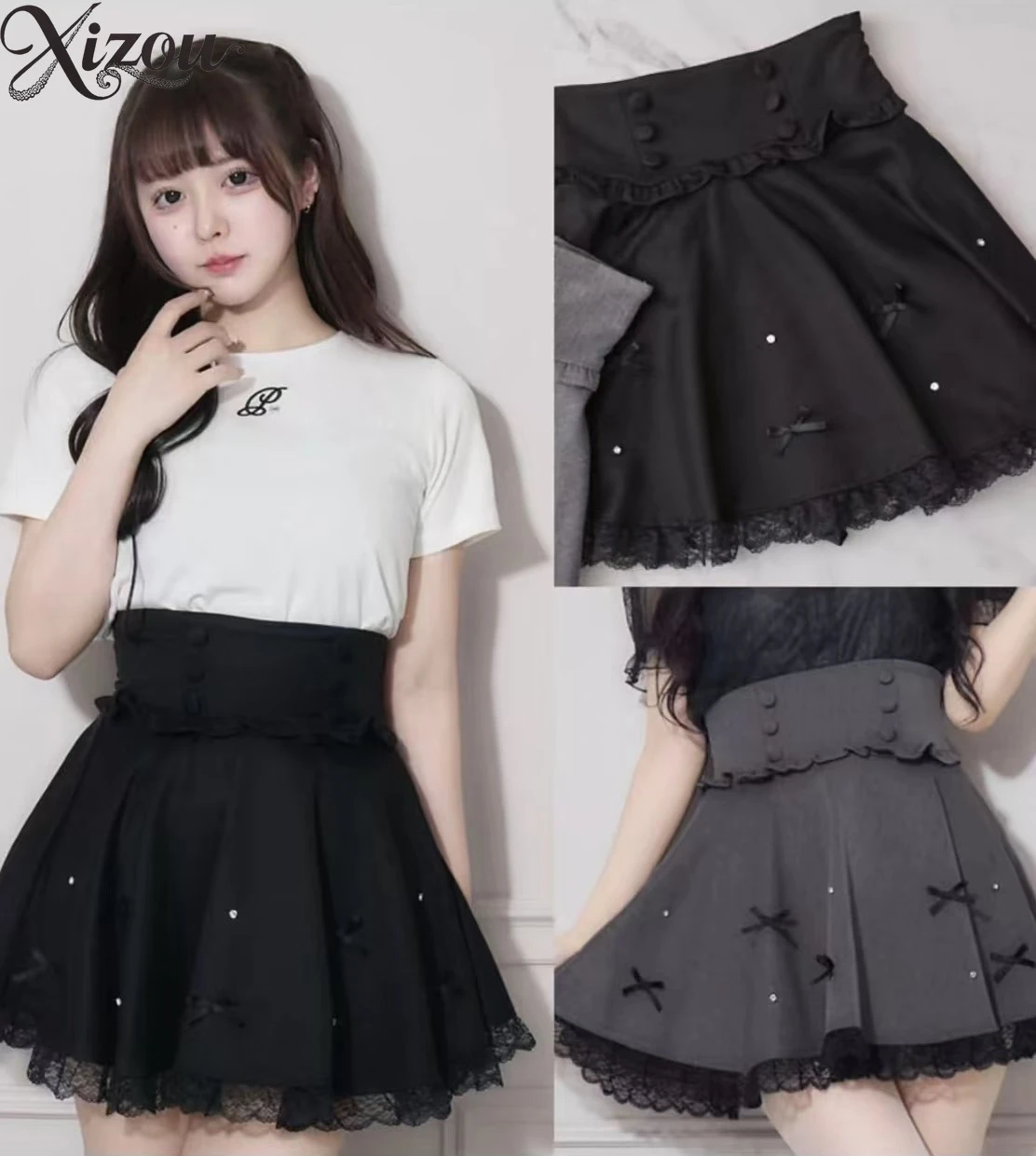 2025 Japanese Lolita Women Skirt Sweet Summer Pleated Ruffle JK A-line Bow Button Solid Color Black Gray Kawaii Lace(No Label)