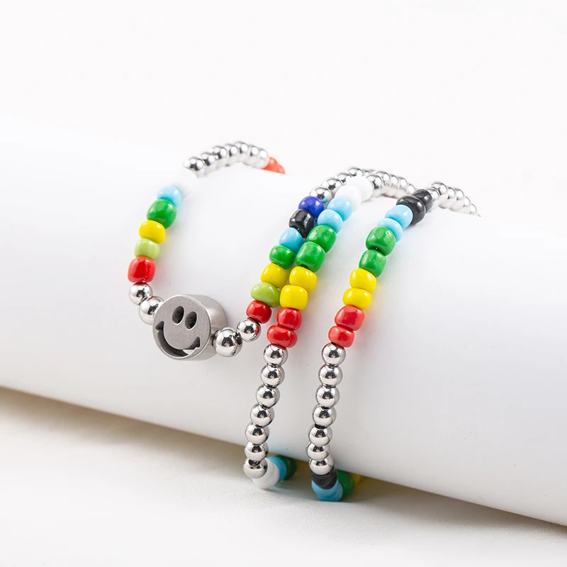 High Quality Vintage Temperament Male/Female Pendant Stainless Steel Rainbow Glass Beads Smiley Face Necklaces view 2