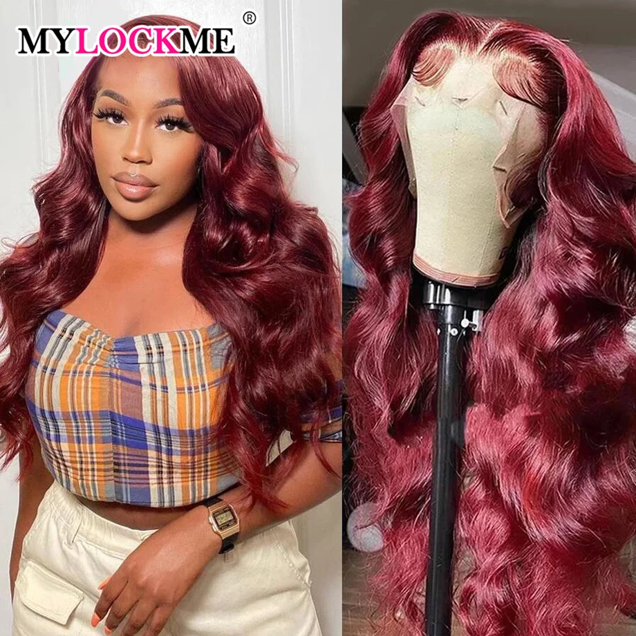 Burgundy 13X4 Lace Front Human Hair Wigs Transparent Lace Body Wave Lace Frontal Wig For Women 4X4 Closure Wig Remy Wig MYLOCKME