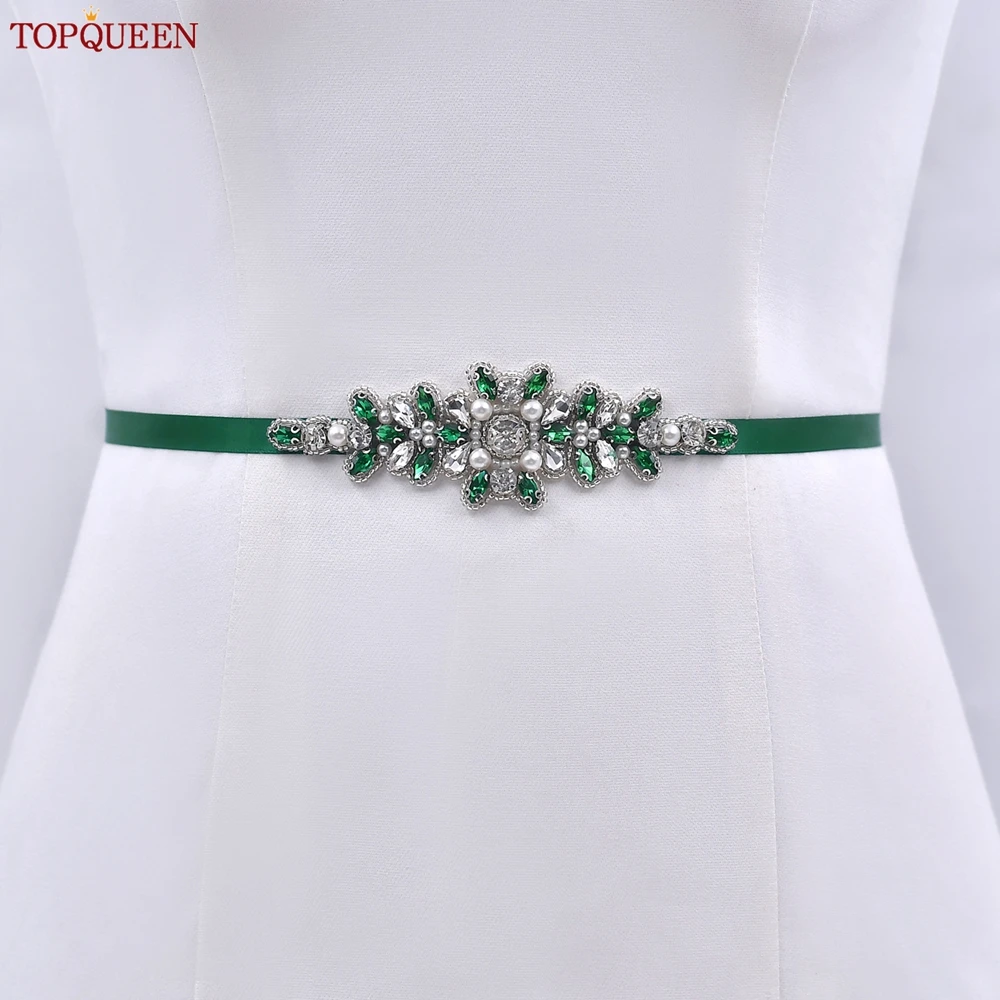 TOPQUEEN-faja de boda para mujer, aplique de joyería verde, ropa Formal, faja de espagueti nupcial, accesorios de boda, S270-KL