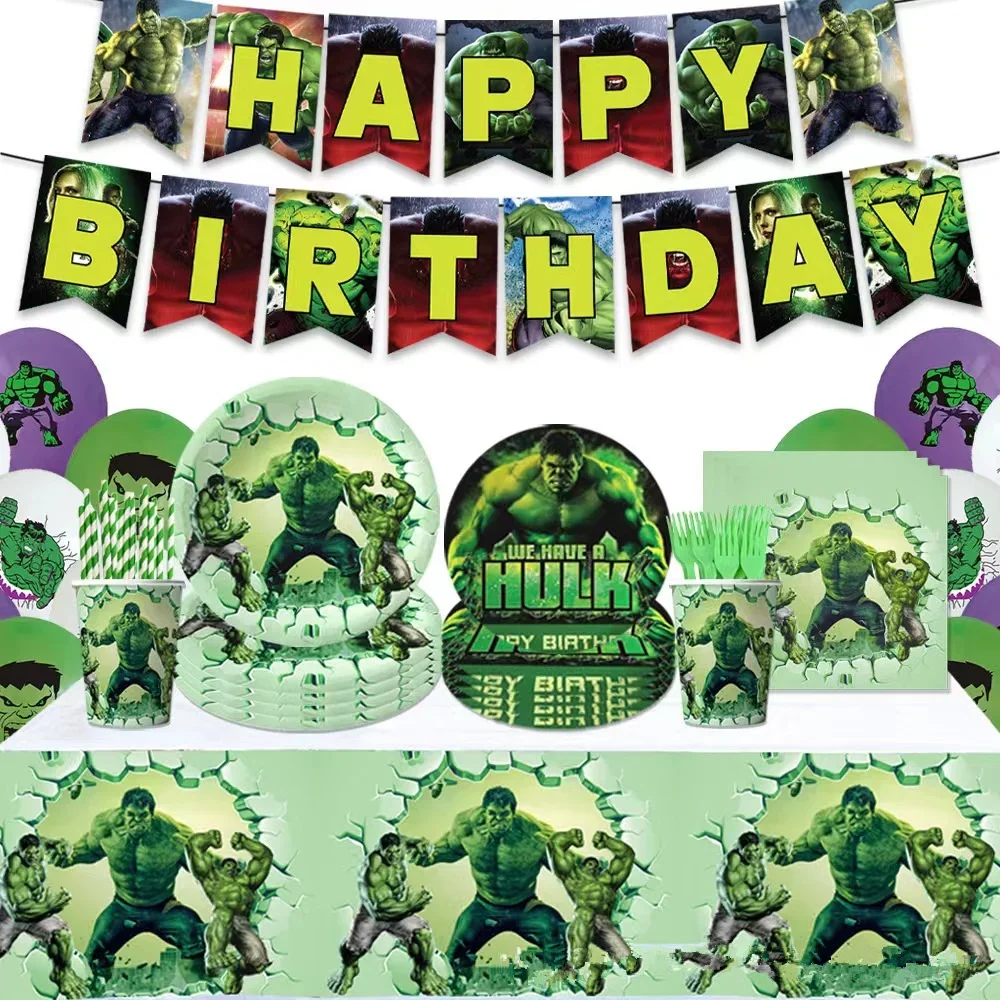 Super Hero Avengers Hulk Party Supplies Kids Birthday Disposable Tableware Cups Plate Tablecloth Balloon Banner Decoration