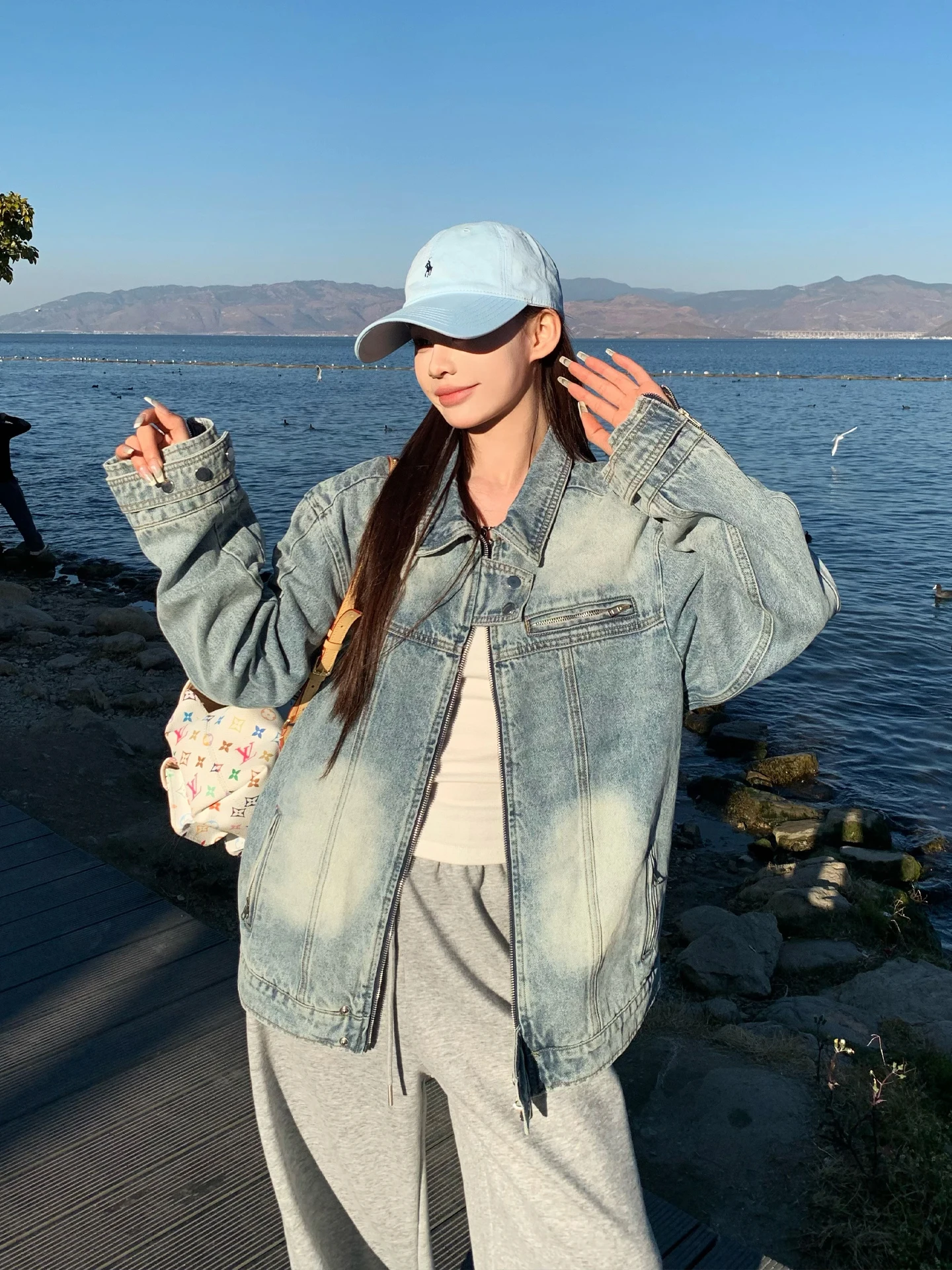 

Retro American Zipper Denim Jacket Women's Loose Lapel Jacket Spring New Style 3Mer Women's Short Outerwear Cotton Blend